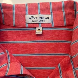 Peter Millar Coral Polo with Blue and White Stripes